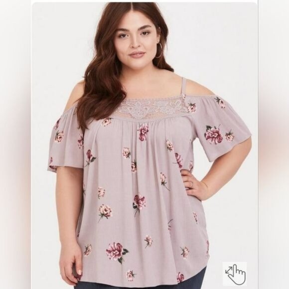 Torrid Floral Lace Trim Cold-Shoulder Top Size 2 Plus‎ - Picture 1 of 5